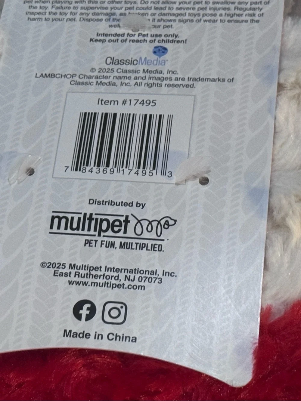 Multipet Lamb Chop Dog Toy Christmas Stocking Red White Fuzzy Plush 17